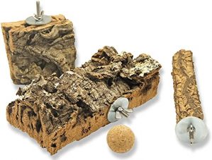 Set Vogelsitzbrett-Korksitzbrett + Stange für Vögel wie Wellensittiche aus Natur – Kork- Holz hitzebehandelt inkl. Befestigung + Korkball