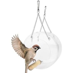 TRIOM Vogelhäuschen Transparentes Fensterfutter aus Acryl Runde halbgeschlossene Vogelfutterstation Fensteraufhängung Vogelhaus mit Metallkette für…
