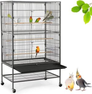 Yaheetech Vogelvoliere großer Vogelkäfig mit 2 Türen Vogelhaus mit Holzstangen und 4 Rollen mit schmutzwanneneinsatz 52 x 79 x 131 cm
